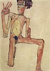 Egon Schiele Canvas Paintings - Kneeling act selfportrait